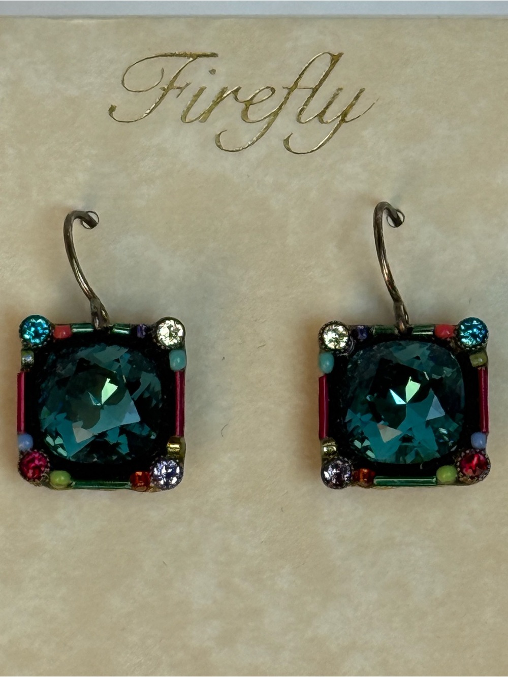 Firefly Teal Crystal Square Drop Earrings